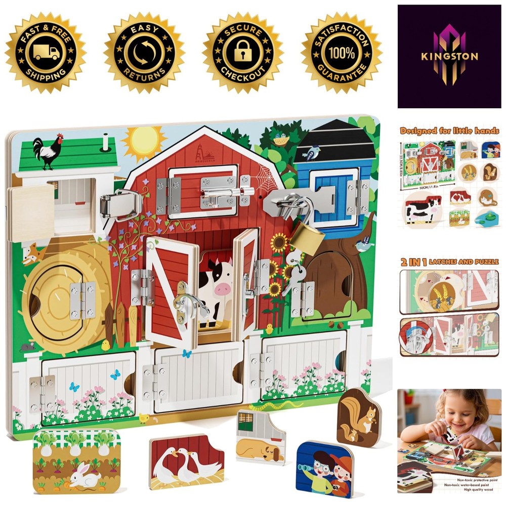 Interactive Montessori Farm Toy – Wooden Busy Board with 9 Puzzles for Toddlers
