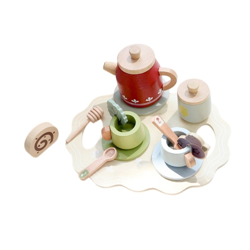 Kids Wooden Pretend Kitchen Teapot Set Learning Toy With Dish Cup Ages 3+