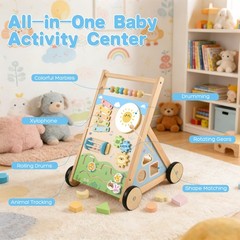 Ranqibo Wooden Baby Walker, Baby Walker with Wheels, Includes Montessori Sens…