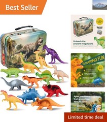 12 Realistic 7-Inch Dinosaur Figures in Metal Storage Box – Colorful Play Set