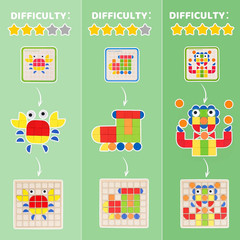 Wooden Pattern Blocks with Grid Board 142PCS Wood Mosaic Tiles Montessori Shape