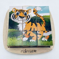 rolimate Cube Wooden Puzzle Toddlers Kids 9 Blocks, 6 puzzles Safari Animals New