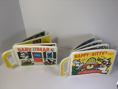 Two Vintage Johnson & Johnson Baby Bear Plays At Home Vinyl Book Bath 1982 Used