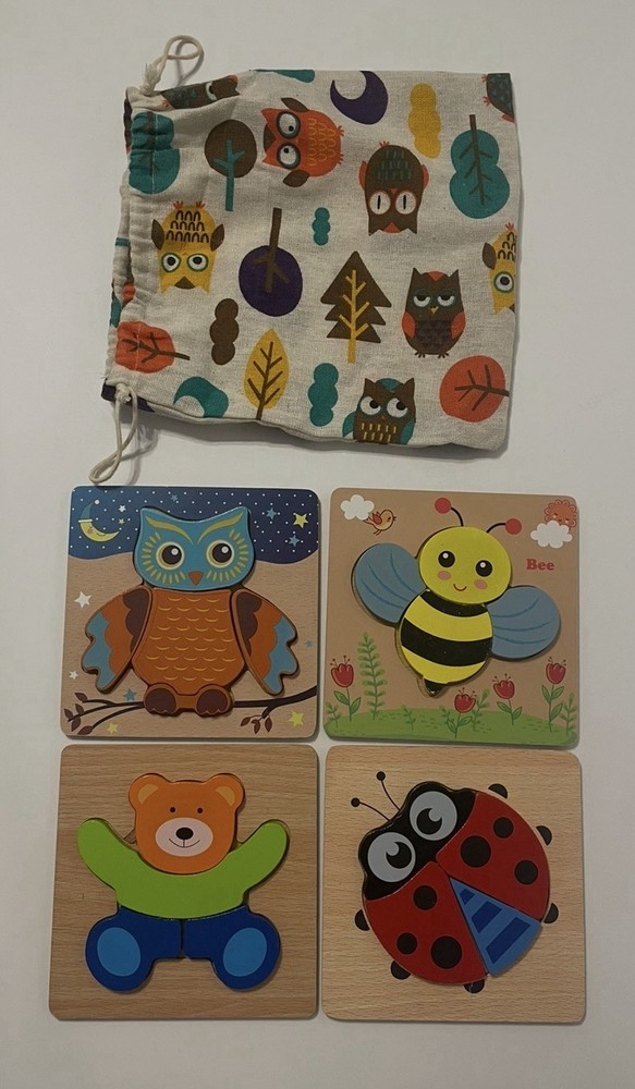 4 Colorful Wooden Puzzles w/ Carry Bag! Bee Bear Ladybug Owl – Toddler