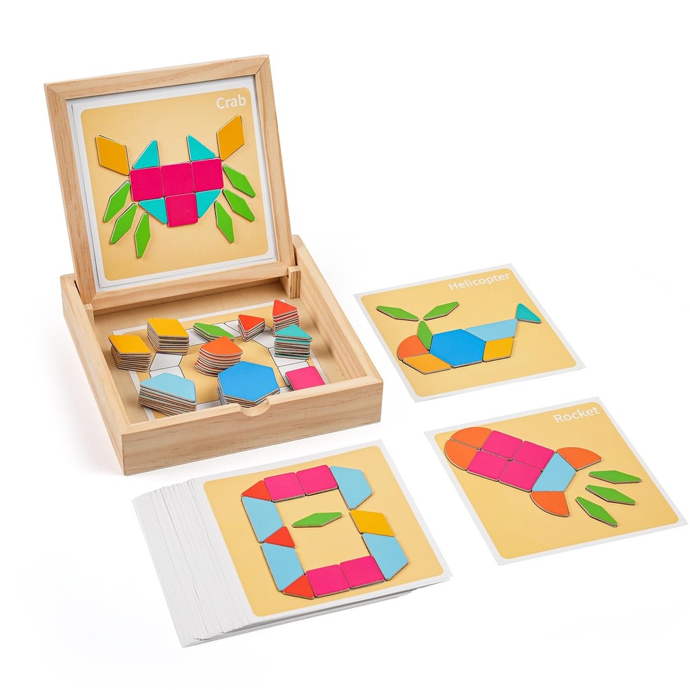Wooden Magnetic Pattern Blocks Set, 130 PCS Montessori Tangram Puzzle with De…