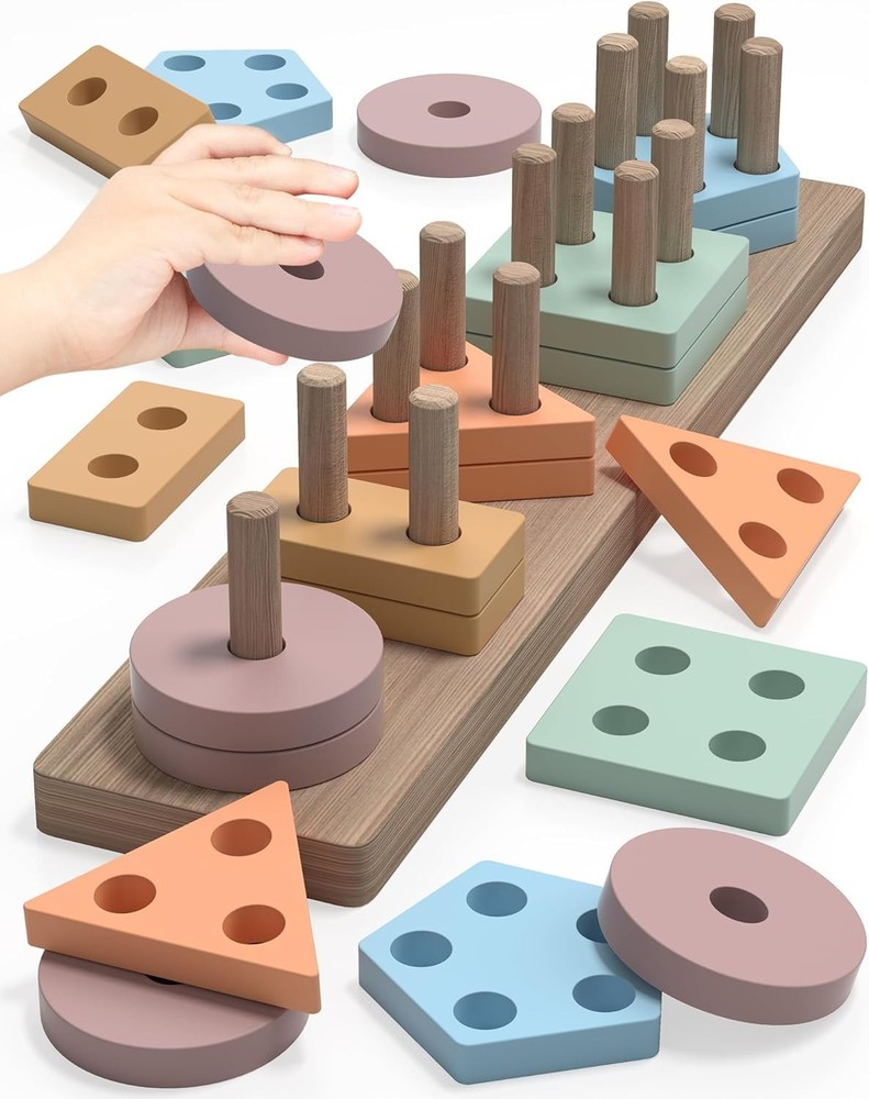Sensory Learning Toys for 1-3 Olds: 20 Wooden Stacking Shapes to Explore