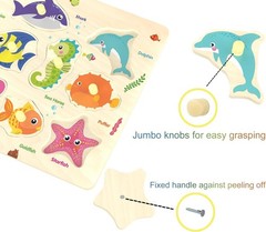 Educational Sea Creature Wooden Peg Puzzle for Toddlers – 11 Bright Pieces