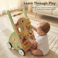 Wooden Baby Push Walker, Montessori Activity Toys with Adjustable Speed for 1 Ye