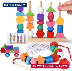 Montessori Bead Sequencing Toy Set, Wooden Stacking Blocks & Lacing Beads & Matc