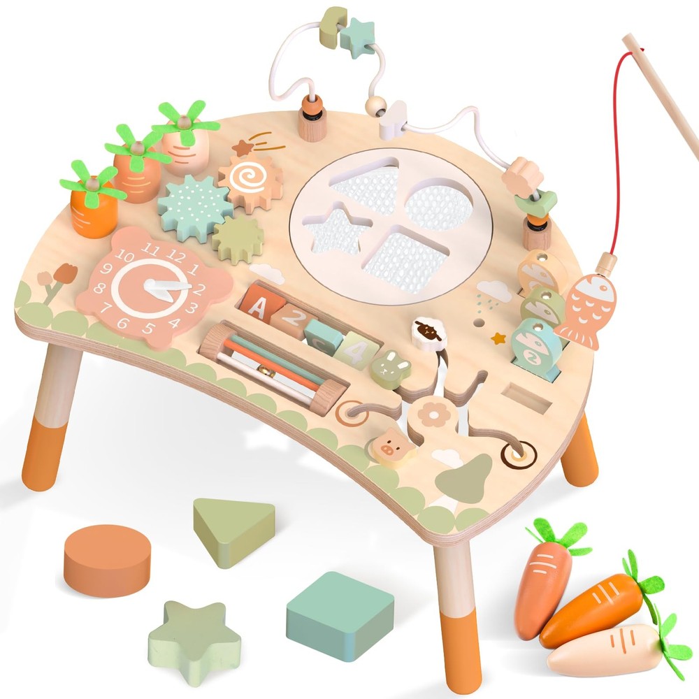 Hewaurorion Wooden Activity Table for Toddlers 1-3, 9 in 1 Montessori Sensory