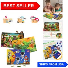 Wooden Puzzle Set for Kids Ages 3-8: 3 x 60-Piece Dinosaur, Animal, Space
