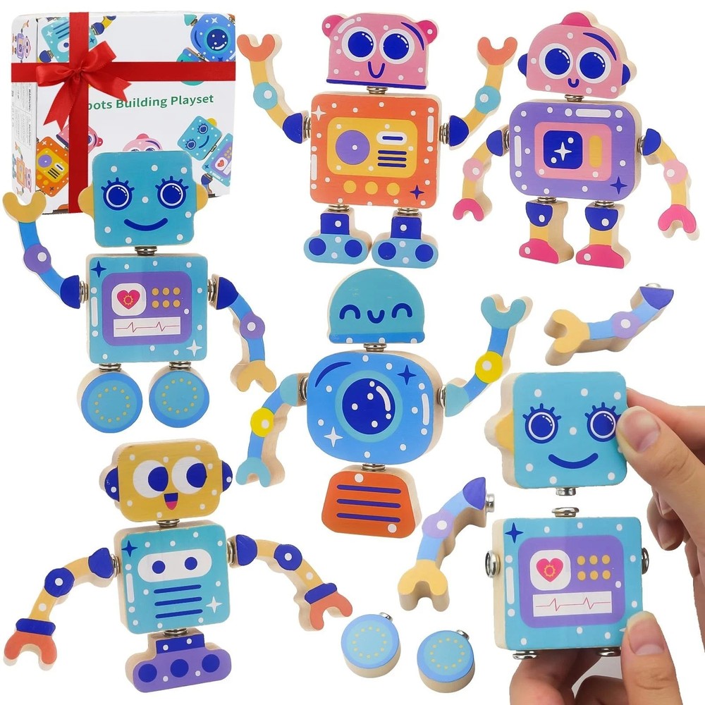 new Robots Wooden Snap-Together Building Toys 28 Piece STEM Montessori Education