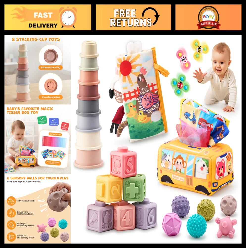 Montessori Sensory Baby Toy Set for 6-12 Months – Stacking Cups, Soft Blocks, Sp