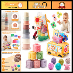 Montessori Sensory Baby Toy Set for 6-12 Months – Stacking Cups, Soft Blocks, Sp