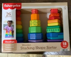 NEW Fisher Price Mattel Wooden Stacking Shape Sorter 26 Pieces 18 m+ Learning