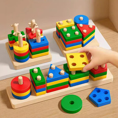 Wooden Shape Matching Building Blocks Kids Learning Toy US