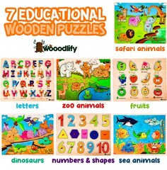 WOODEN PUZZLES Alphabet Shape Numbers Fruits Sea Animals Zoo 7 Pack WOOODLIFY