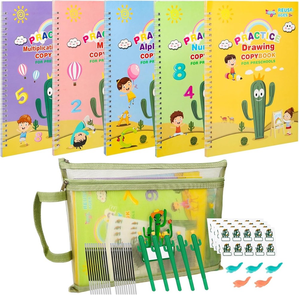 5pc Reusable Handwriting Practice Books for Kids Grooved Magic Copybook Set