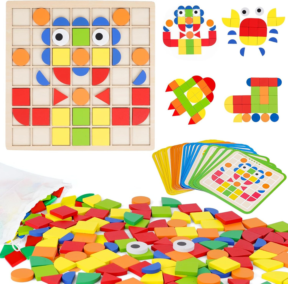 Wooden Pattern Blocks with Grid Board 142PCS Wood Mosaic Tiles Montessori Shape