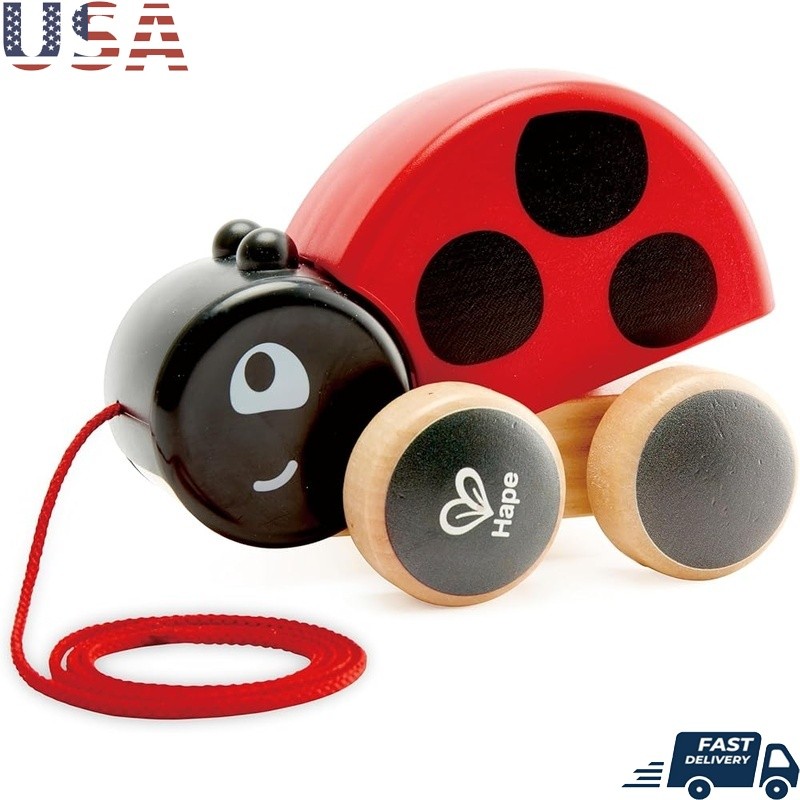 Pull Along Ladybug Toy Encourages Crawling Walking Cheerful Design Sturdy Wheels