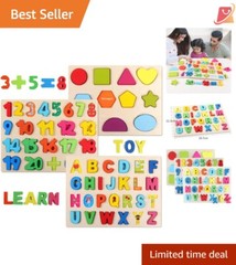 Wooden Puzzles Set 3 Pieces Alphabet Numbers Shapes Educational Learning Toys