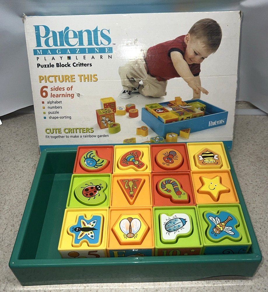 Parents Magazine Play + Learn Alphabet Shape Puzzle Block Critters Rare Toy 2001