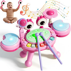 Toddler Drum Set Ages 1-3, Baby Drum Set 1 Year Old with Mic (Pink) | Crab Drum