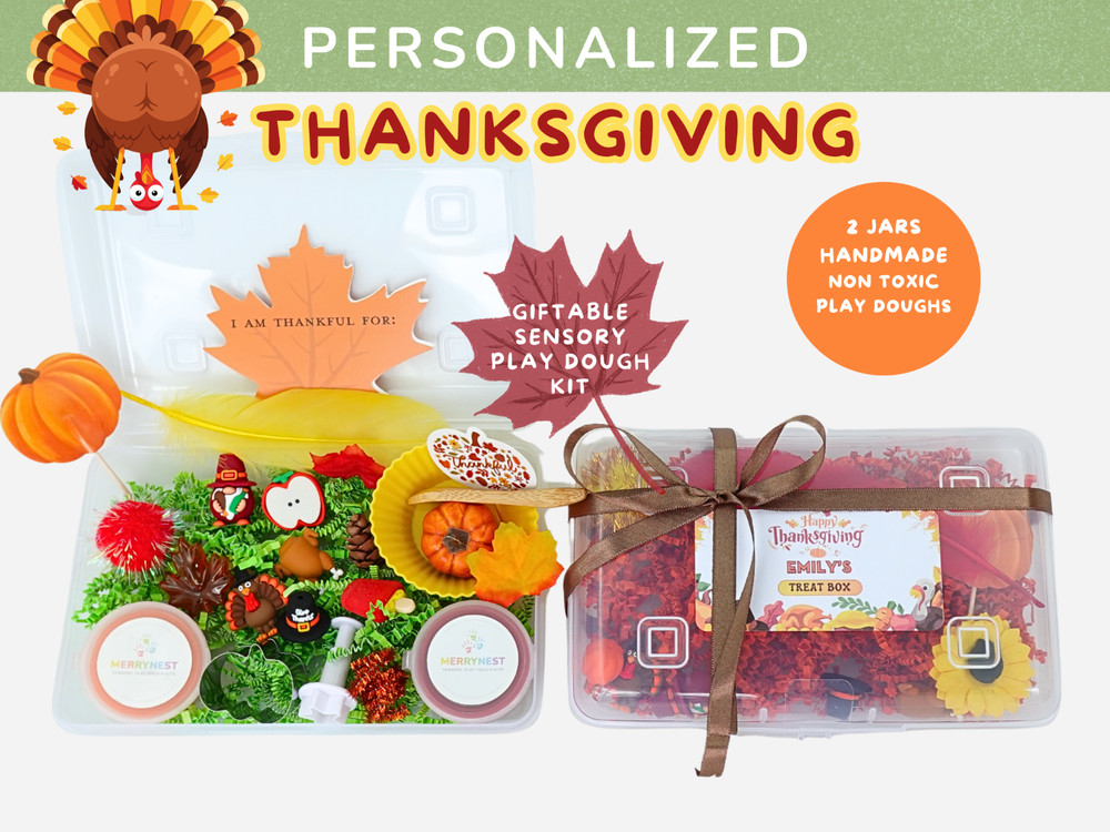 Personalized Thanksgiving Gift Box with Sensory Play Dough, Custom Gift for kids