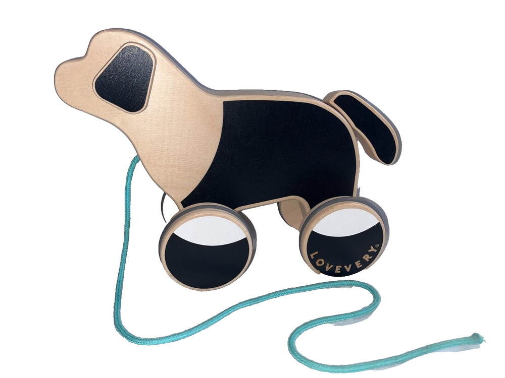 LOVEVERY |The Pull Pup | Wooden Push Pull Doggy Toy, Black/White/Natural Wood