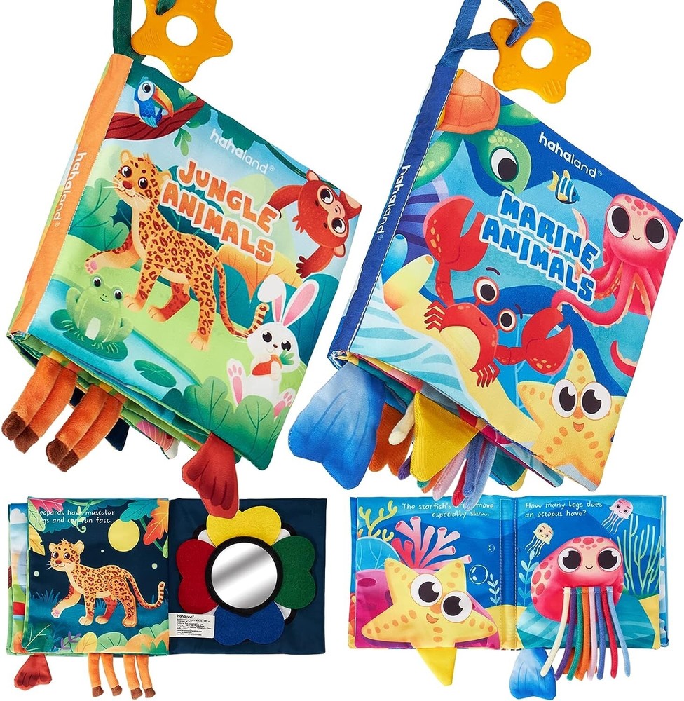 2 PCS Soft Cloth Baby Books 0-6 Months High Contrast Marine & Jungly Animals