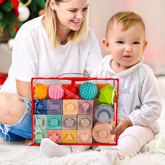 3 in 1 Montessori Toys for Babies 0-3-6-12 Months, Soft Baby Teething, Stacking