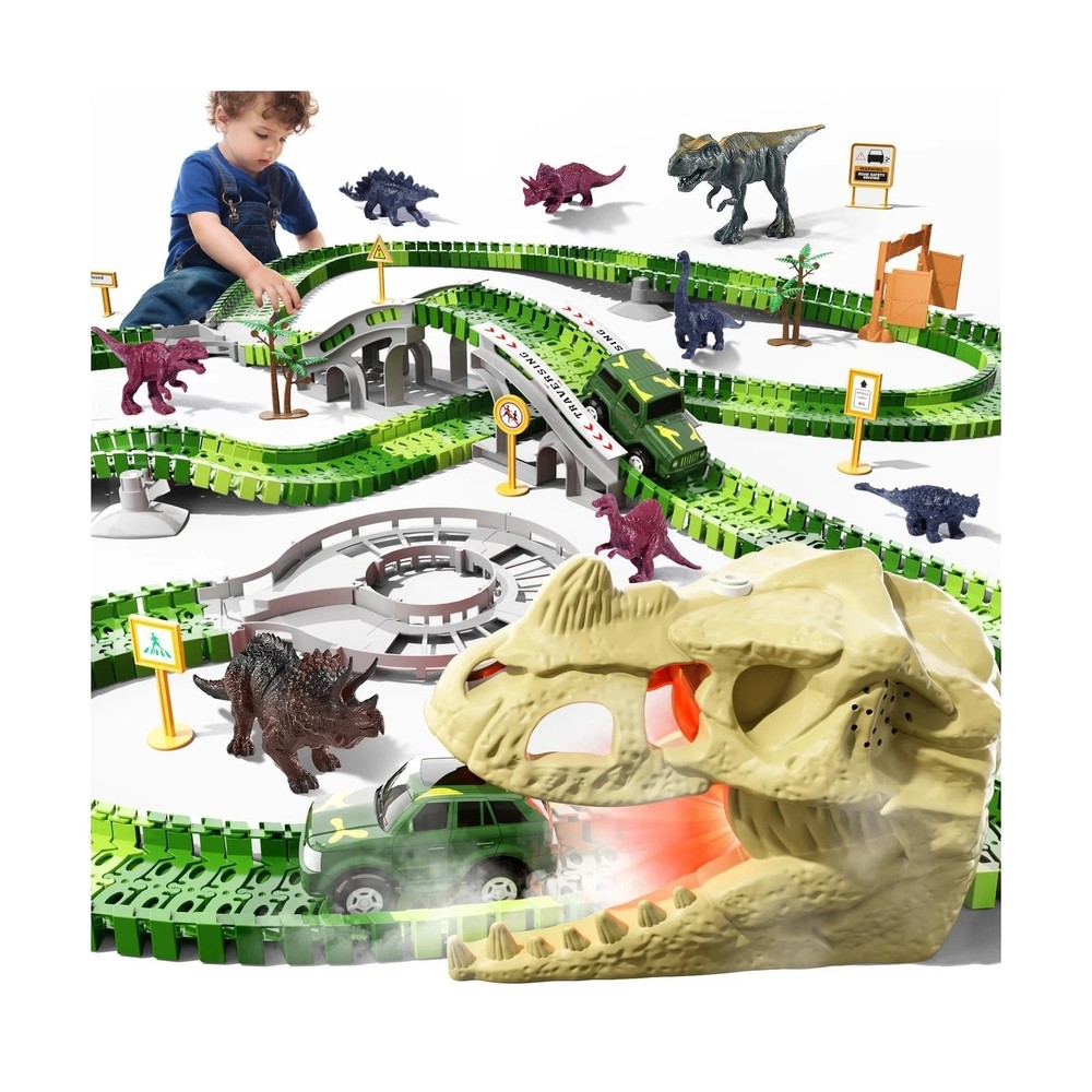 241Pcs Dinosaur Track, Skull Tunnel with Smoke, Light & Sound, Flexible Track