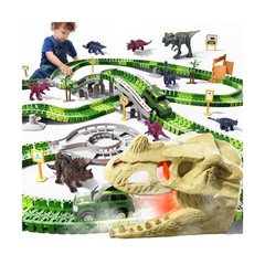 241Pcs Dinosaur Track, Skull Tunnel with Smoke, Light & Sound, Flexible Track