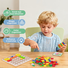 Wooden Pattern Blocks with Grid Board 142PCS Wood Mosaic Tiles Montessori Shape