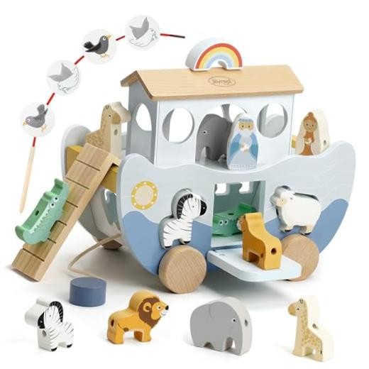 Wooden Noah’s Ark Toy for 1 Year Old Baby Boy and Girl Baptism Gift – Neutral