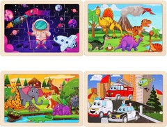 Wooden Puzzle Set for Kids 3-5, 4-Pack Dinosaur, Space & Transportation Toddler