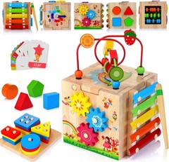 Wooden Activity Cube With Bead Maze 5 n 1 Baby Activity Cube Removable Bead Maze