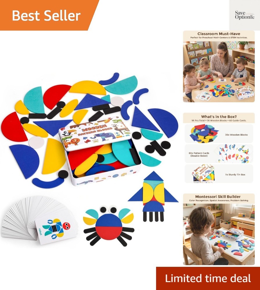 Pattern Blocks with Iron Box, Wooden, 96pcs | for Kids 3+, Montessori Learnin…