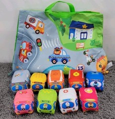 ​Soft Toy Cars Toddler Baby Vehicle Play Set 9pc Sensory Plush Play Mat Storage