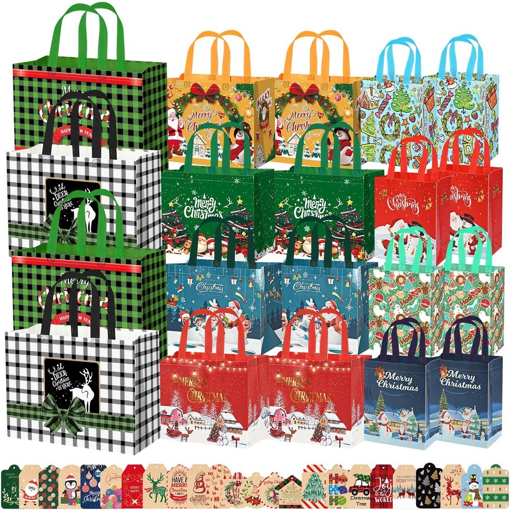 WLUSEAXI 20 Pack Christmas Gift Bags Assorted Sizes with 24 Tags, Reusable Ch…