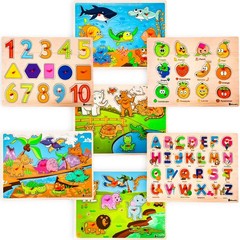 WOODEN PUZZLES Alphabet Shape Numbers Fruits Sea Animals Zoo 7 Pack WOOODLIFY