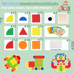 Wooden Pattern Blocks with Grid Board 142PCS Wood Mosaic Tiles Montessori Shape