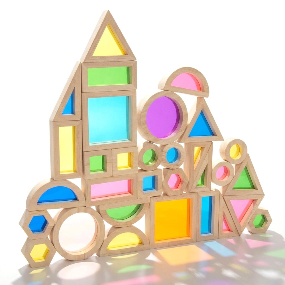 Wood Building Blocks Set for Kids, 32 Pcs Rainbow Stacker Stacking Game Const…