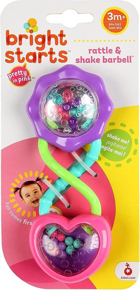 Bright Starts Rattle and Shake Barbell Toy – Pretty in Pink, Ages 3 Months +