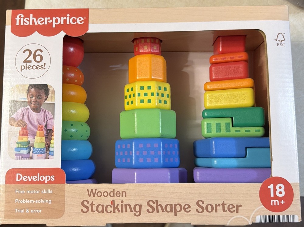 New Fisher Price Mattel Wooden Stacking Shape Sorter 26 Pieces 18 m +