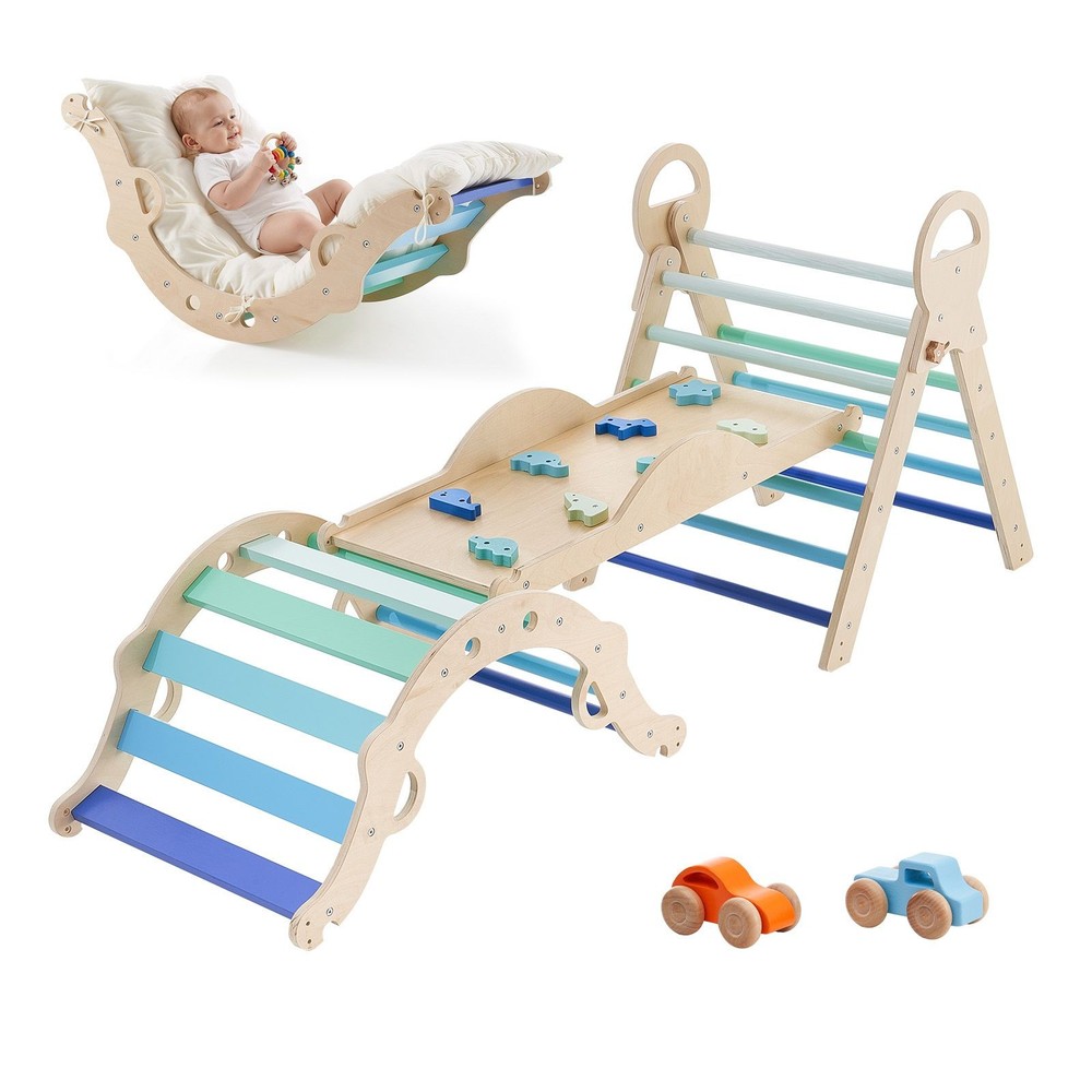 Natural Wood Pikler Set: Triangle, Arch, Cushion, Ramp, 2 Cars, 150lb Load