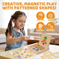 Wooden Magnetic Pattern Blocks Set, 130 PCS Montessori Tangram Puzzle with De…