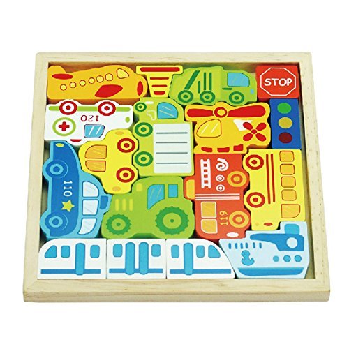 Wood Cars and Vehicles Playset with Box, Ship Plane Helicopter Puzzle Blocks Toy
