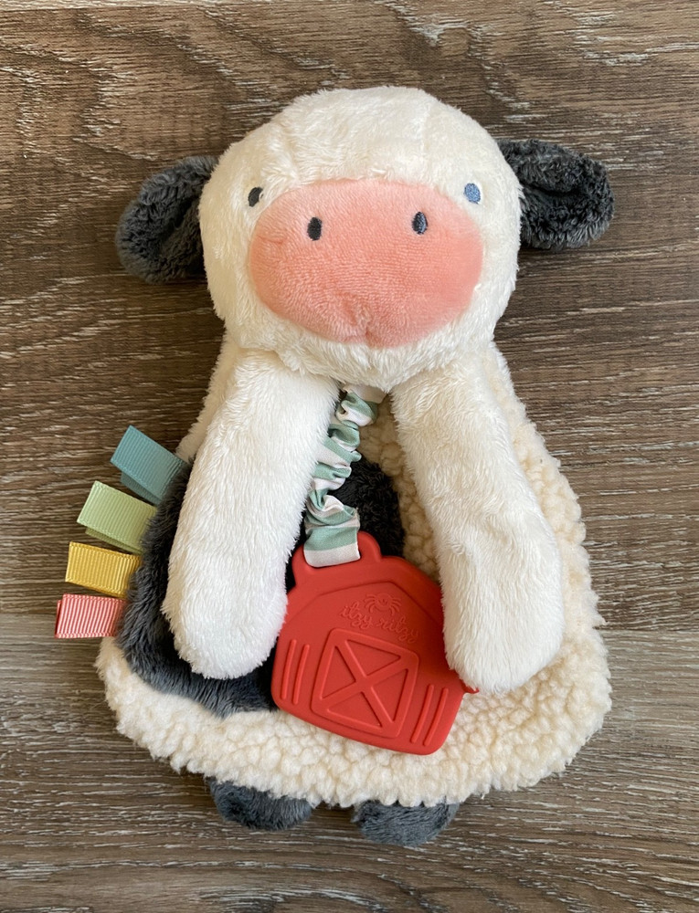 ITSY RITSY Plush & Sherpa Cow Sensory Toy with Barn Teether~Crinkle~Lovey