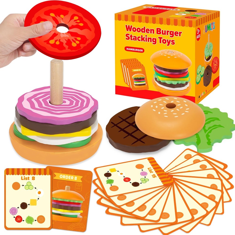 Jumlys Montessori Wooden Burger Stacking Toys for 2, 3, 4, 5 Year Olds, Fine …
